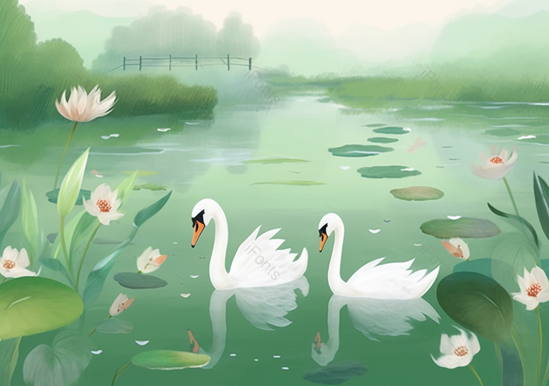 中国风小清新夏天白天鹅水墨风格水彩插画,插画/手绘图,插画/手绘图库,插画/手绘图下载,插画/手绘